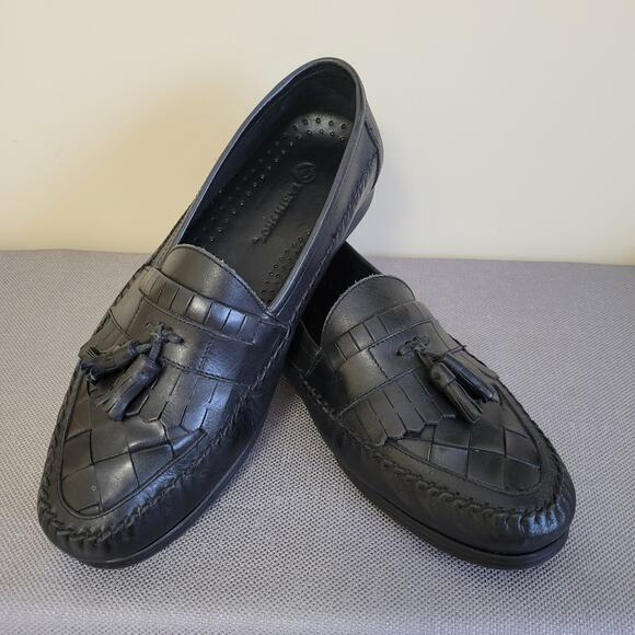 Men's Earth Shoe Size 11W Lou WW Slip On Leather Weave Loafer Tassels Black - Picture 1 of 11
